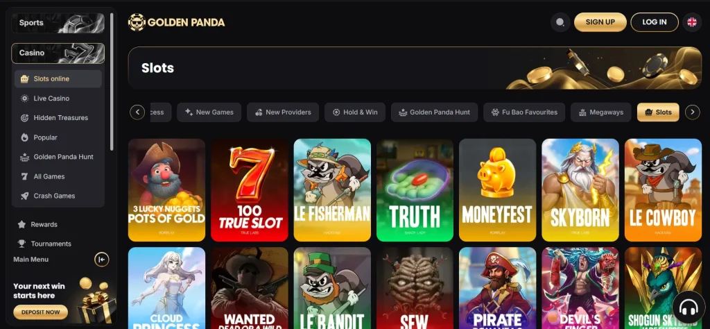 Golden Panda game lobby met zichtbare categorieën en spelnavigatie