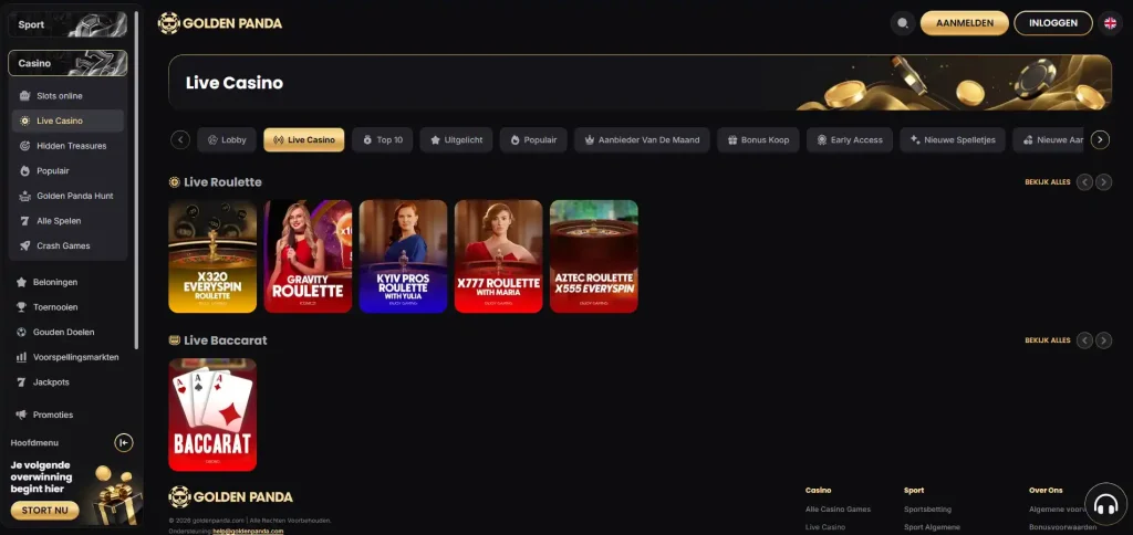 Golden Panda live casino lobby met live tafels en categorieën
