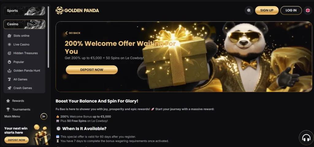 Golden Panda welkomstbonus op de officiële promotiepagina