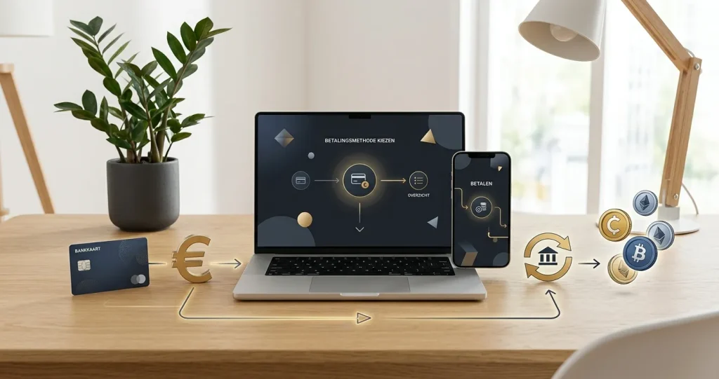 Illustratie van online betaalmogelijkheden met euro, bankkaart en digitale valuta